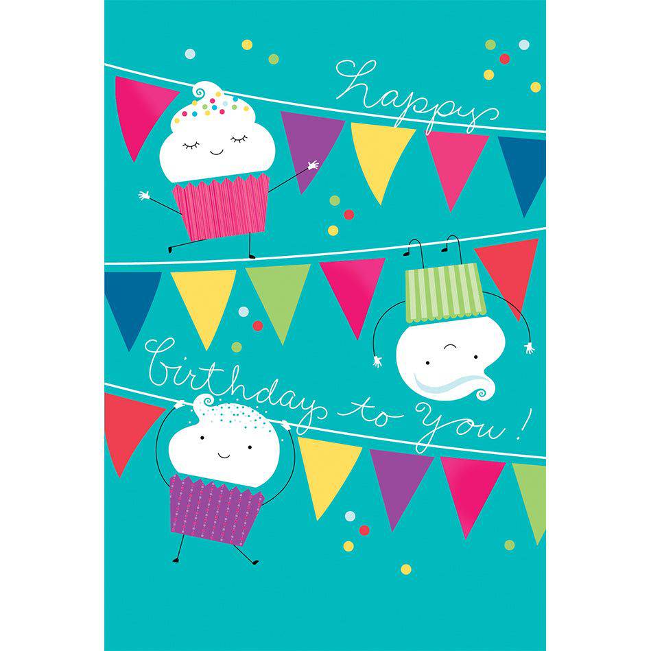 Colorful cupcake banners birthday card by Pictura featuring festive cake illustrations for celebrating special occasions.